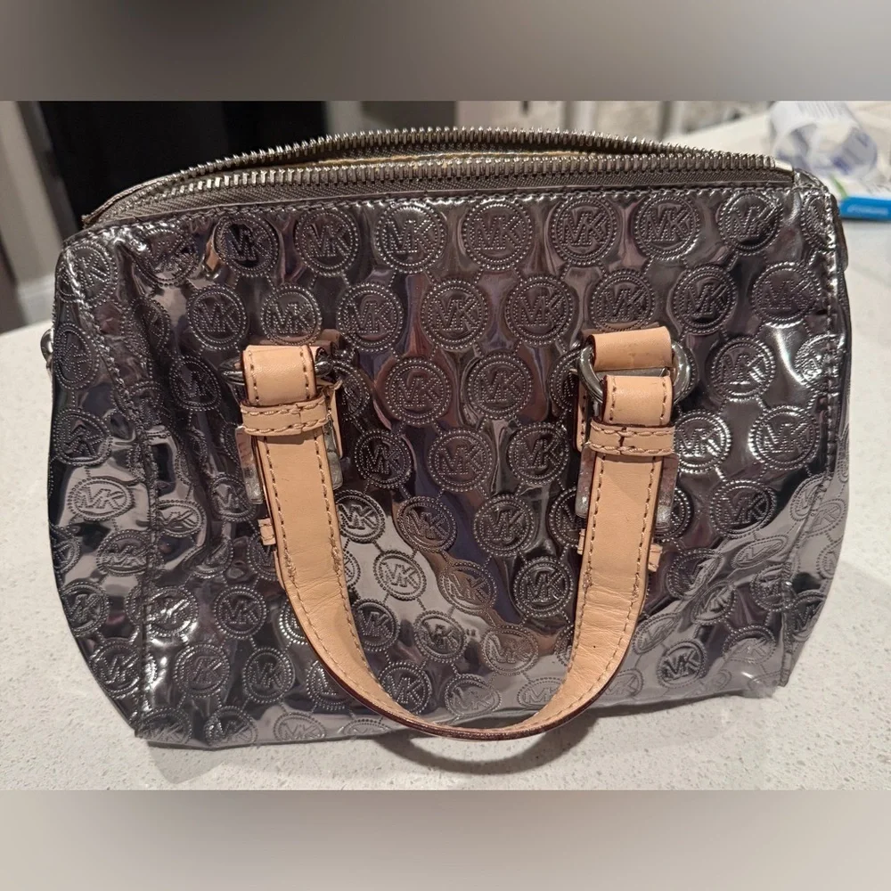 Michael Kors Shiny Silver and Tan Satchel